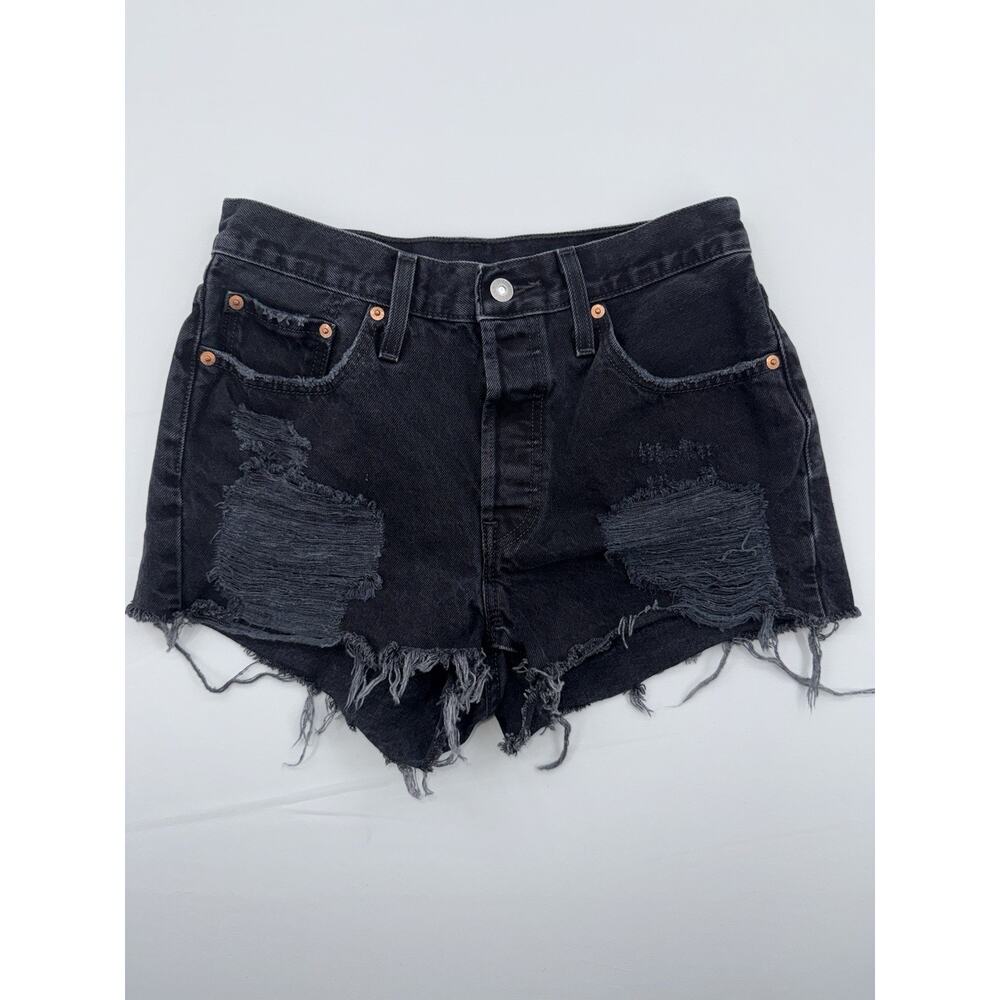 Women's Levis 501 High Rise Shorts black denim Size 28 Distressed